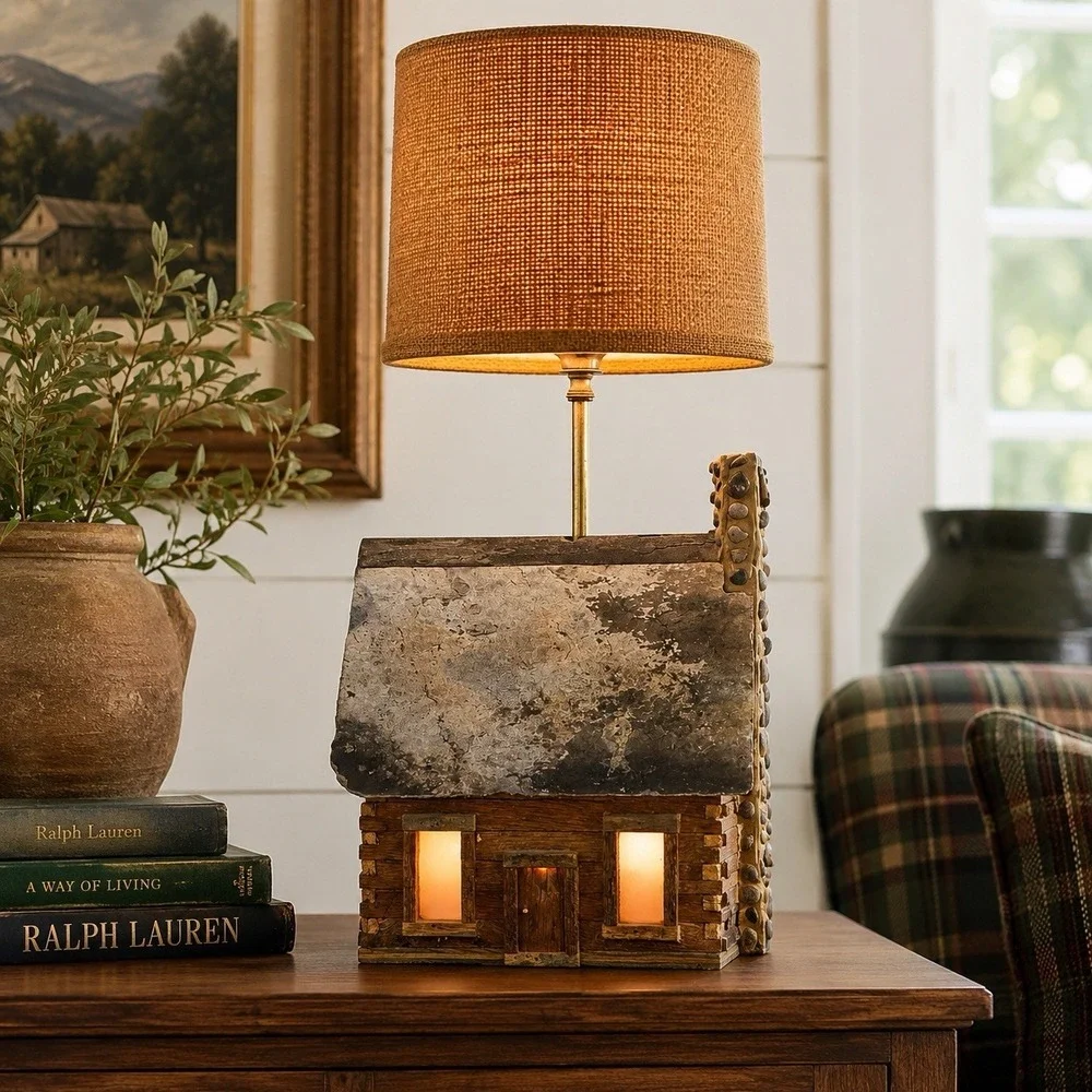 Handmade Log Cabin Lamp Primitive Americana Folk Art Slate Roof 17